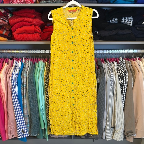 Fusion yellow floral sleeveless button down midi dress size S - Picture 1 of 3